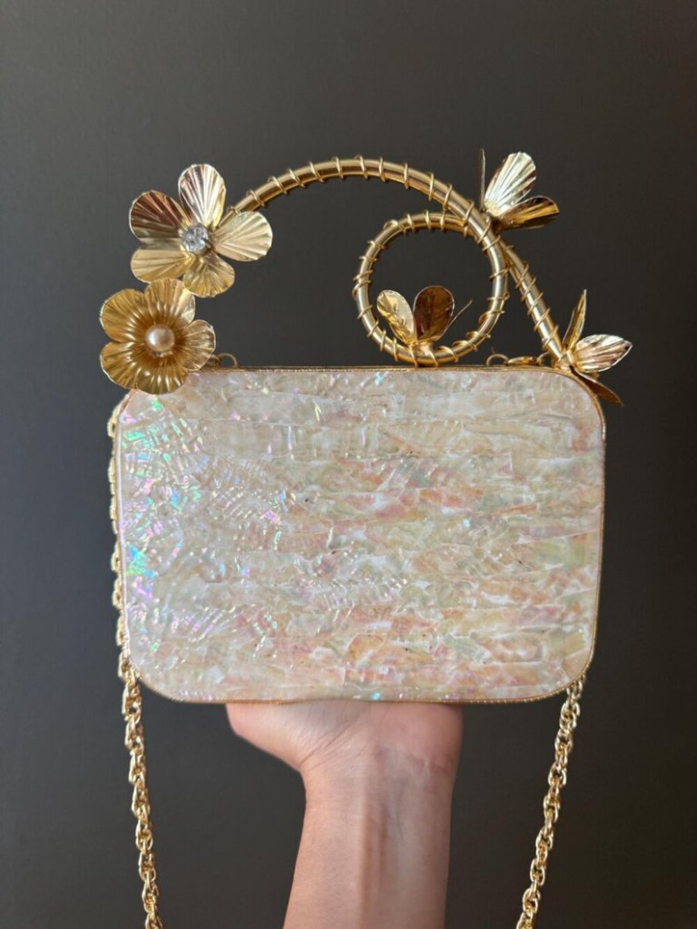 Mother of Pearl Clutch with Floral Handle, Gold Wedding Purse, Bridal Evening Ba